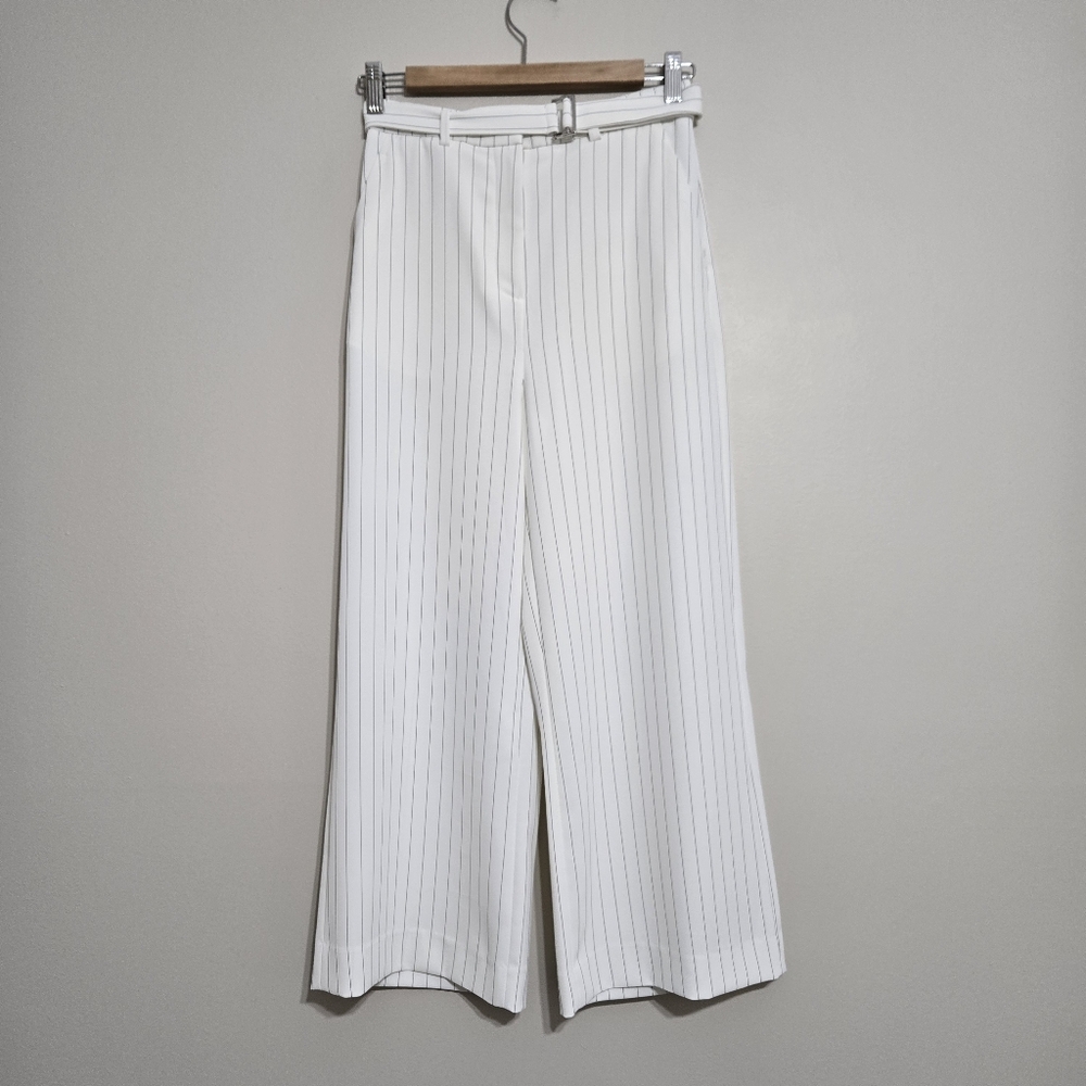 H&M High Waist Stripe Wide Leg Belted Pants Off White Size 2 (XS)